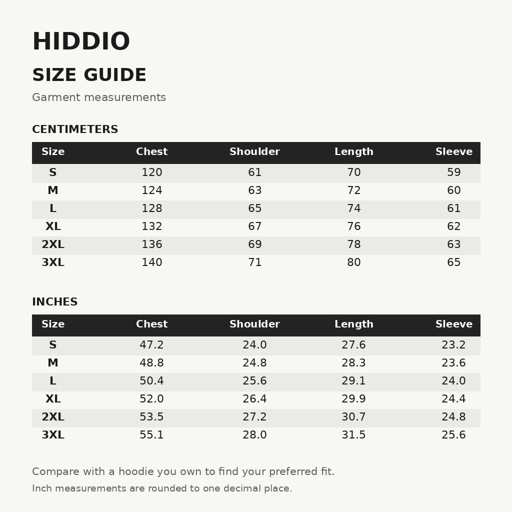 HIDDIO supplier size guide, S to 3XL, garment measurements in centimeters and inches