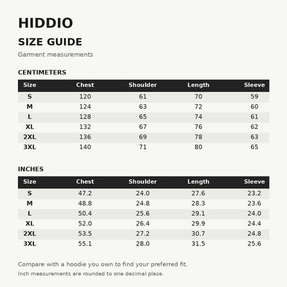 HIDDIO supplier size guide, S to 3XL, garment measurements in centimeters and inches