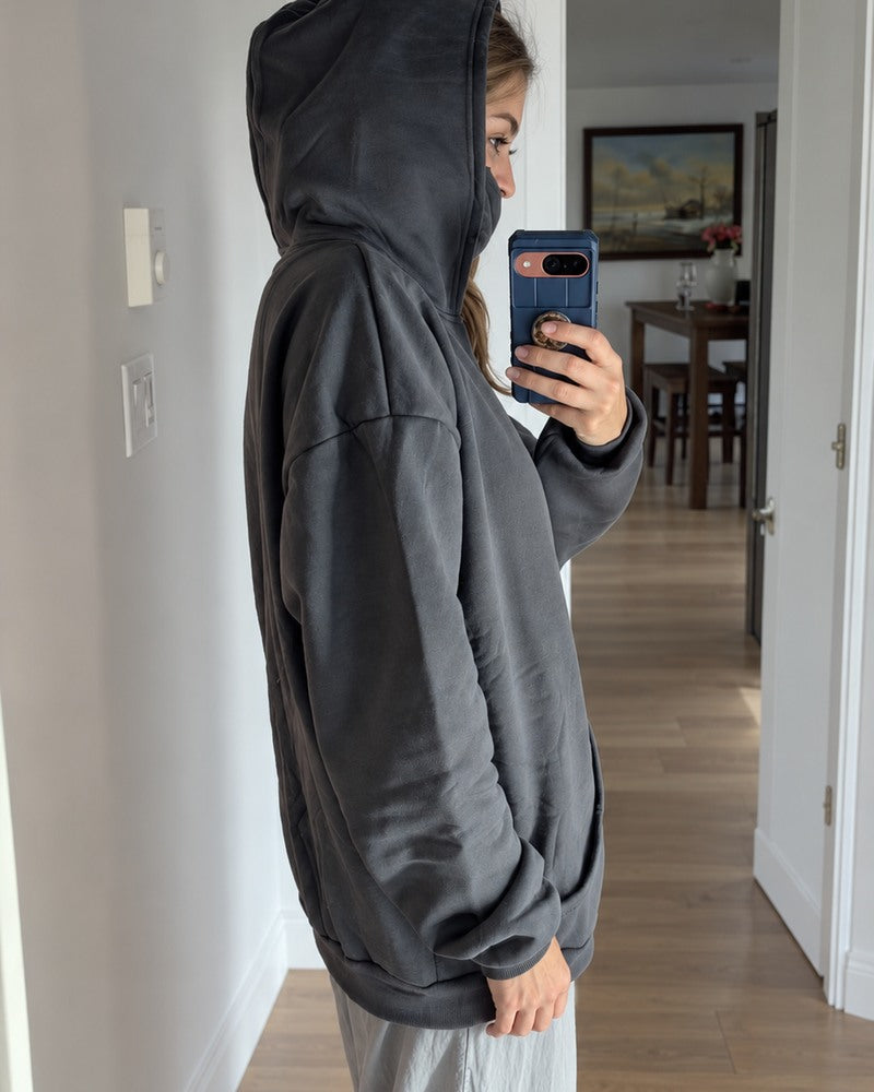 HIDDIO AI-generated styling illustration 2 — double-hood zip-up hoodie