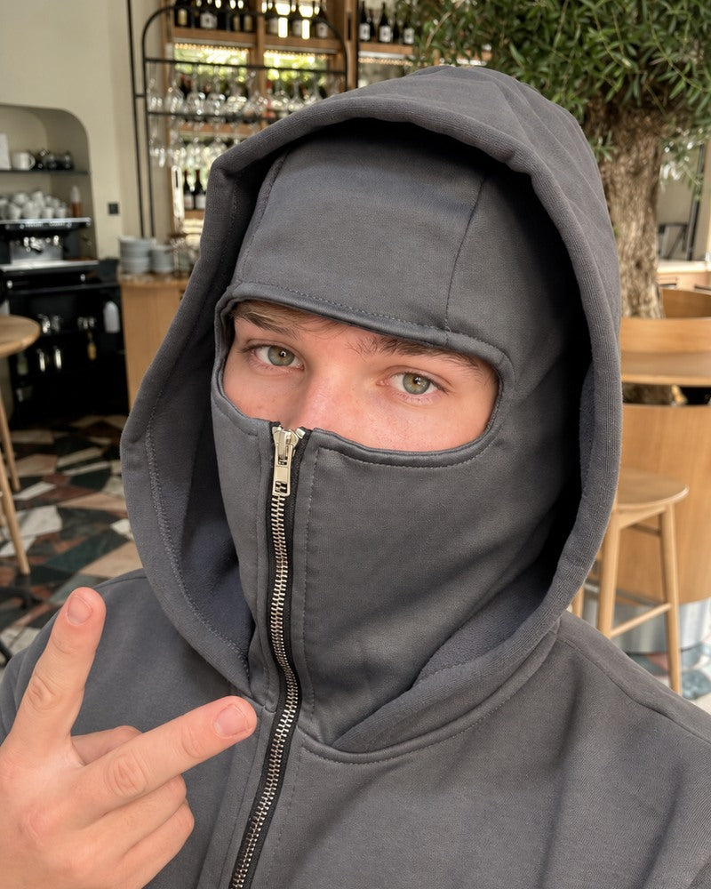 HIDDIO AI-generated styling illustration 3 — double-hood zip-up hoodie