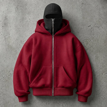 HIDDIO double-hood zip-up hoodie in Wine Red